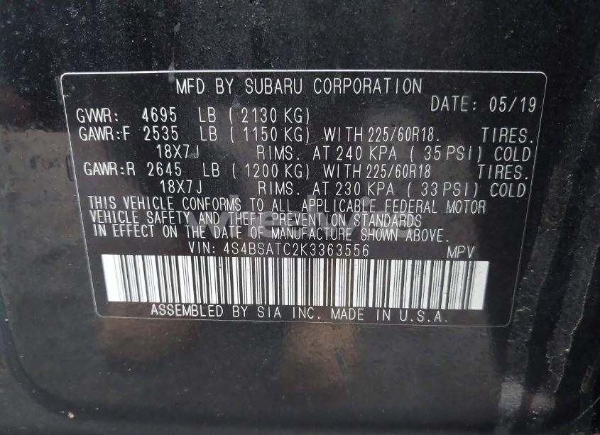 Photo 9 of 2019 Subaru Outback 2.5I TOURING (VIN 4S4BSATC2K3363556)