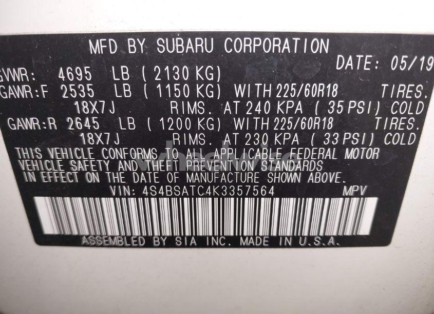 Photo 9 of 2019 Subaru Outback 2.5I TOURING (VIN 4S4BSATC4K3357564)