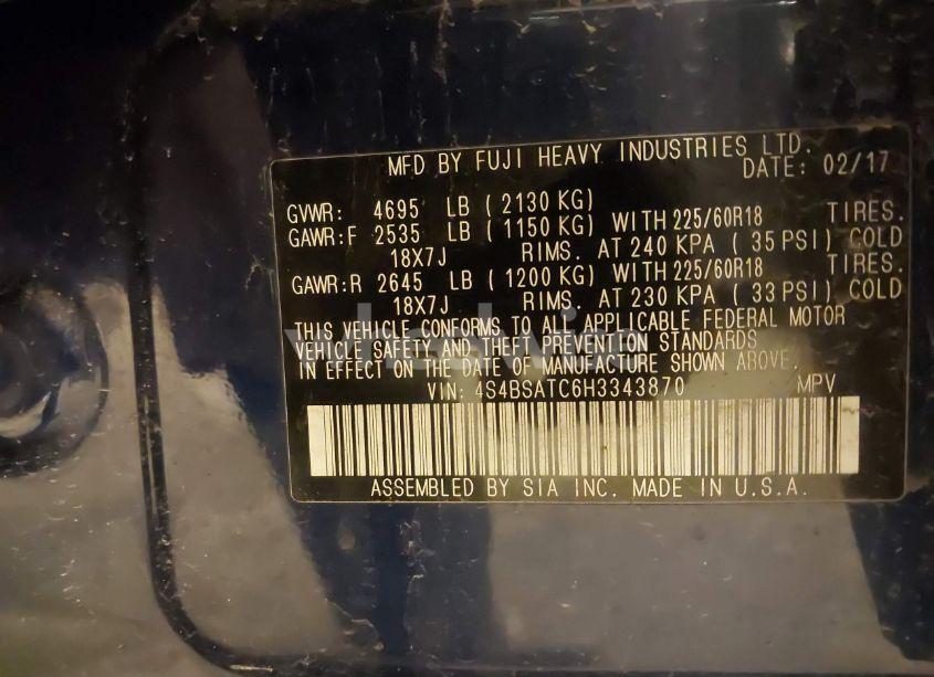 Photo 9 of 2017 Subaru Outback 2.5I TOURING (VIN 4S4BSATC6H3343870)