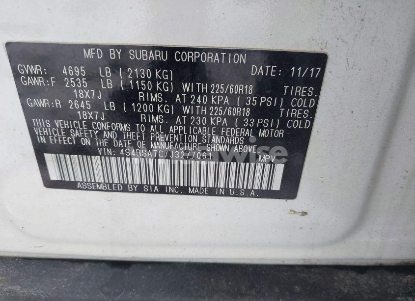 Photo 9 of 2018 Subaru Outback 2.5I TOURING (VIN 4S4BSATC7J3277061)