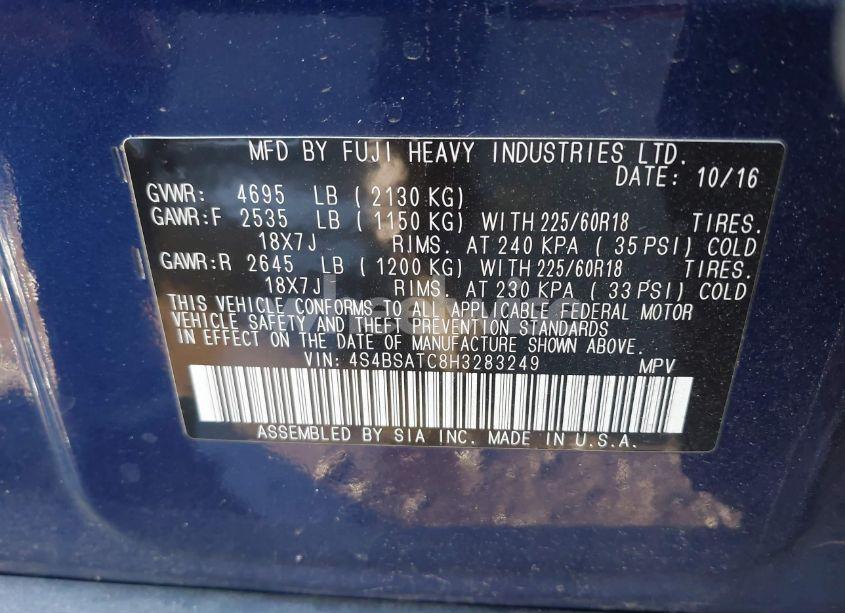 Photo 9 of 2017 Subaru Outback 2.5I TOURING (VIN 4S4BSATC8H3283249)