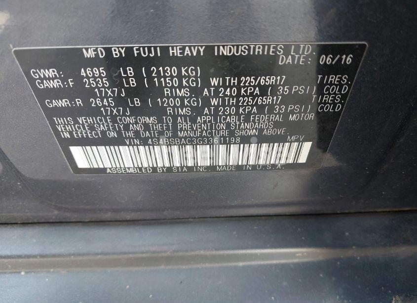 Photo 9 of 2016 Subaru Outback 2.5I (VIN 4S4BSBAC3G3361198)