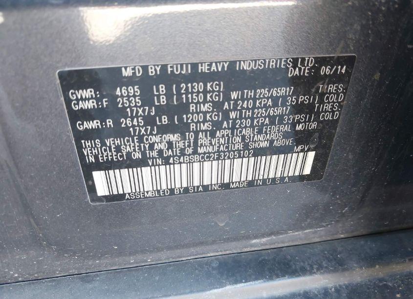 Photo 9 of 2015 Subaru Outback 2.5I PREMIUM (VIN 4S4BSBCC2F3205102)