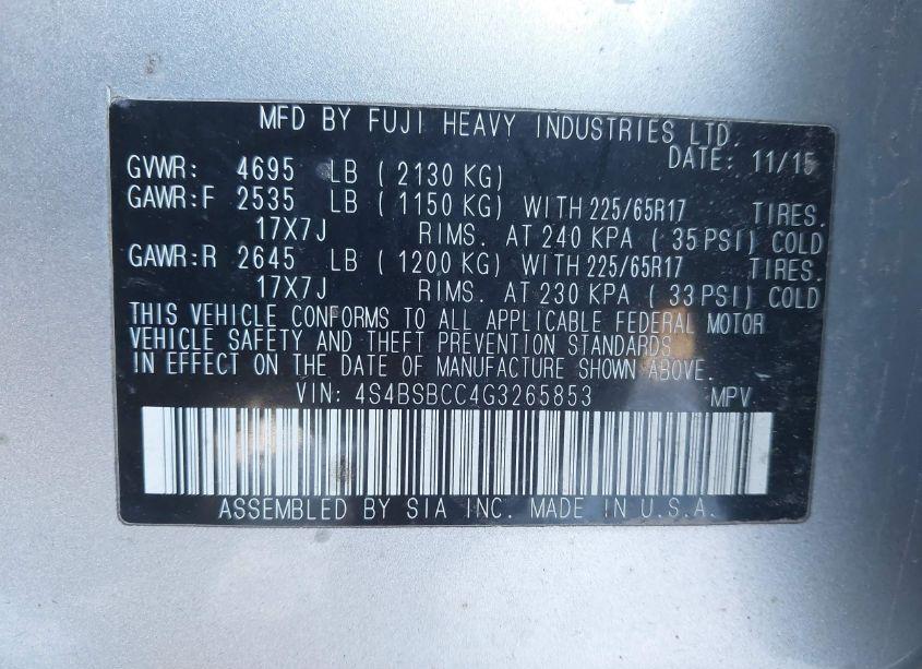 Photo 9 of 2016 Subaru Outback 2.5I PREMIUM (VIN 4S4BSBCC4G3265853)