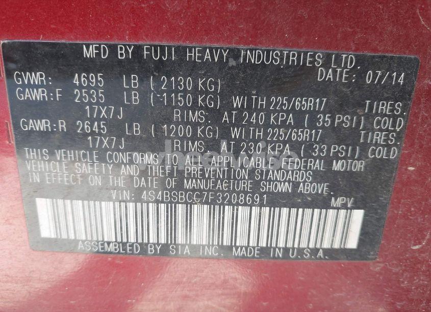 Photo 9 of 2015 Subaru Outback 2.5I PREMIUM (VIN 4S4BSBCC7F3208691)