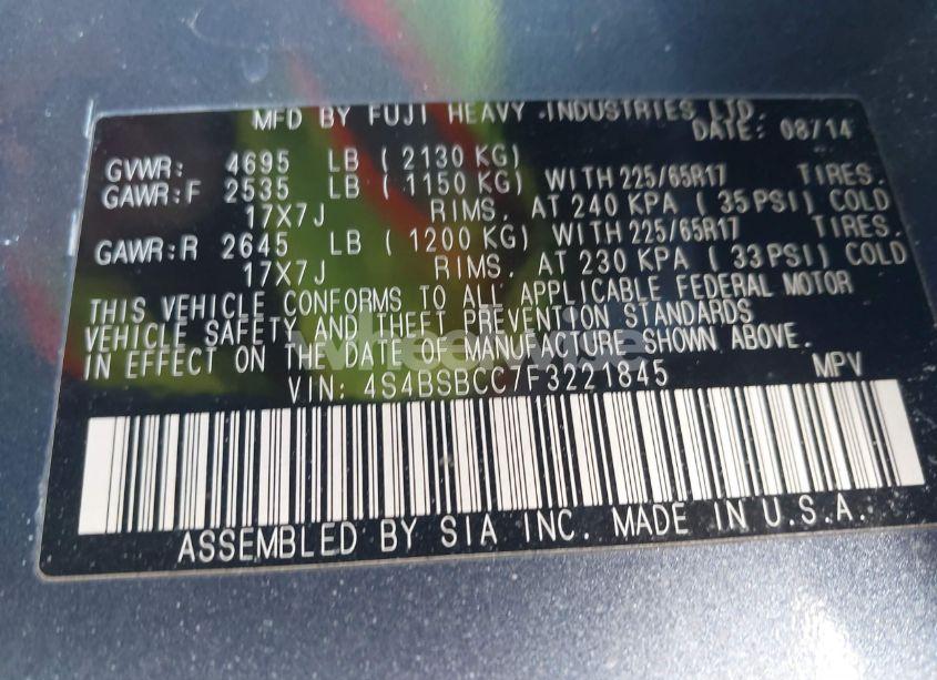 Photo 9 of 2015 Subaru Outback 2.5I PREMIUM (VIN 4S4BSBCC7F3221845)