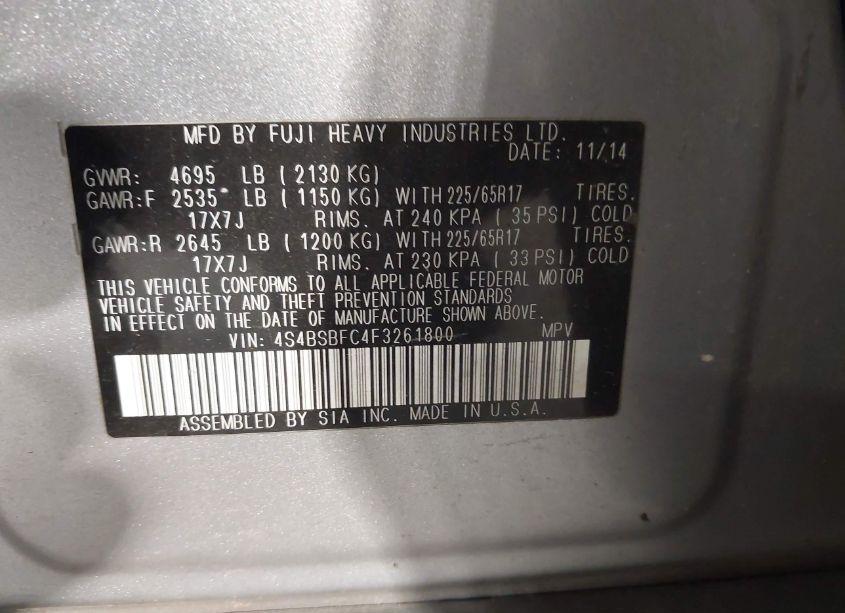 Photo 9 of 2015 Subaru Outback 2.5I PREMIUM (VIN 4S4BSBFC4F3261800)