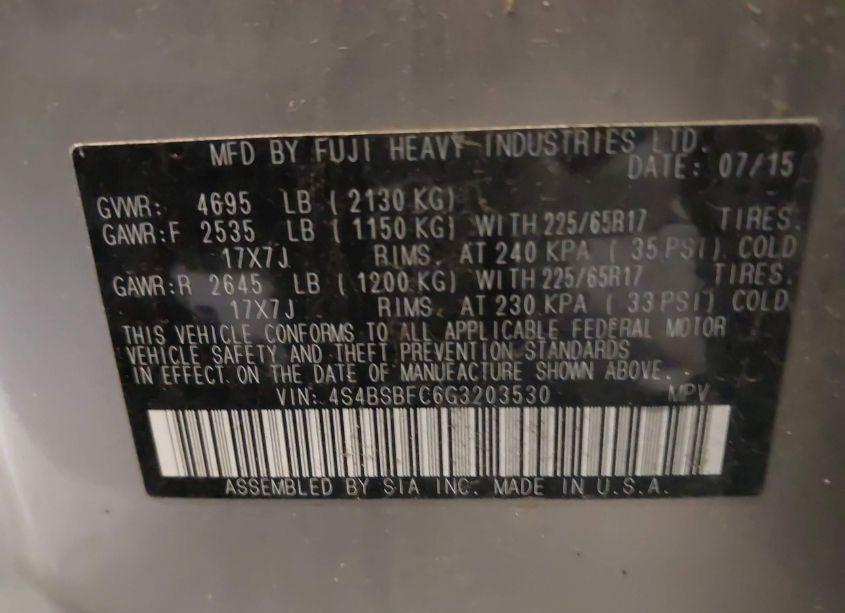 Photo 9 of 2016 Subaru Outback 2.5I PREMIUM (VIN 4S4BSBFC6G3203530)