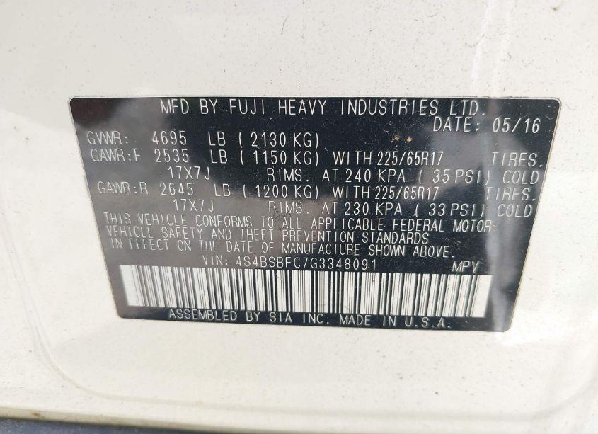 Photo 9 of 2016 Subaru Outback 2.5I PREMIUM (VIN 4S4BSBFC7G3348091)