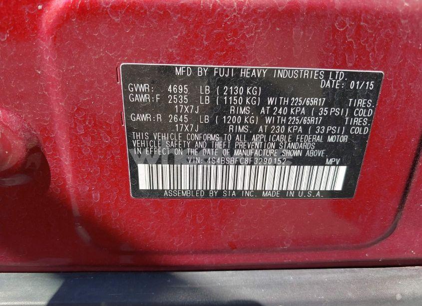 Photo 9 of 2015 Subaru Outback 2.5I PREMIUM (VIN 4S4BSBFC8F3290152)