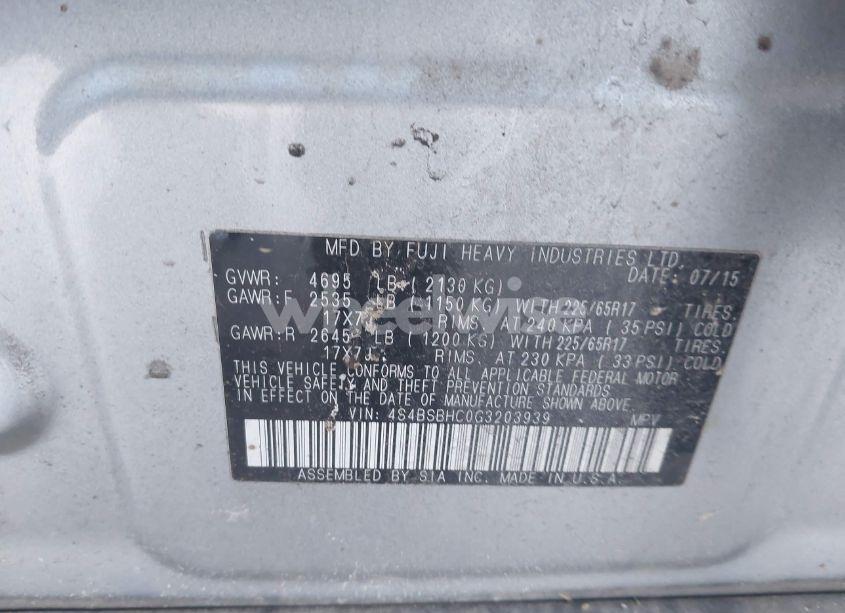 Photo 9 of 2016 Subaru Outback 2.5I PREMIUM (VIN 4S4BSBHC0G3203939)