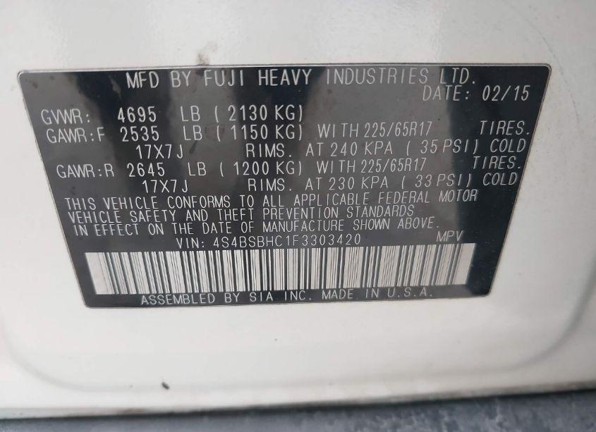 Photo 9 of 2015 Subaru Outback 2.5I PREMIUM (VIN 4S4BSBHC1F3303420)