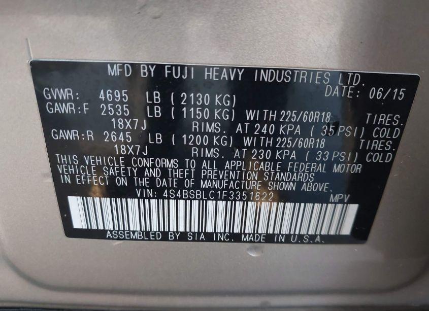 Photo 9 of 2015 Subaru Outback 2.5I LIMITED (VIN 4S4BSBLC1F3351622)