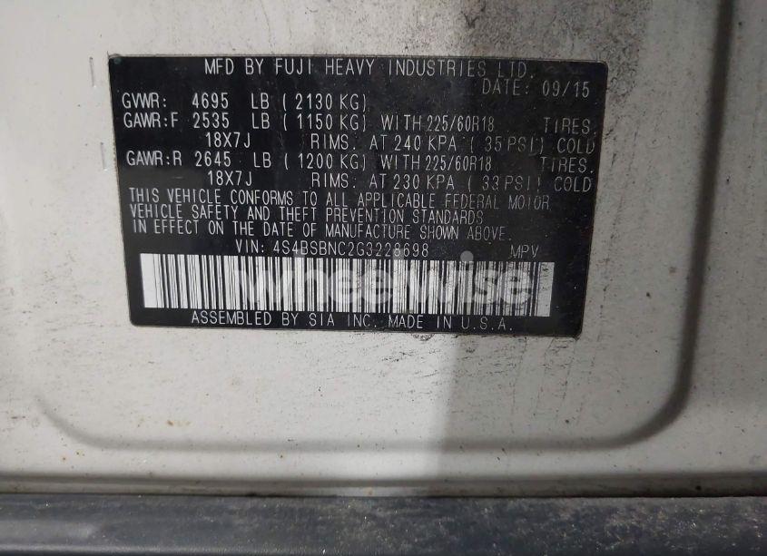 Photo 9 of 2016 Subaru Outback 2.5I LIMITED (VIN 4S4BSBNC2G3228698)