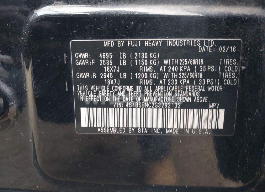 Photo 9 of 2016 Subaru Outback 2.5I LIMITED (VIN 4S4BSBNC2G3293132)