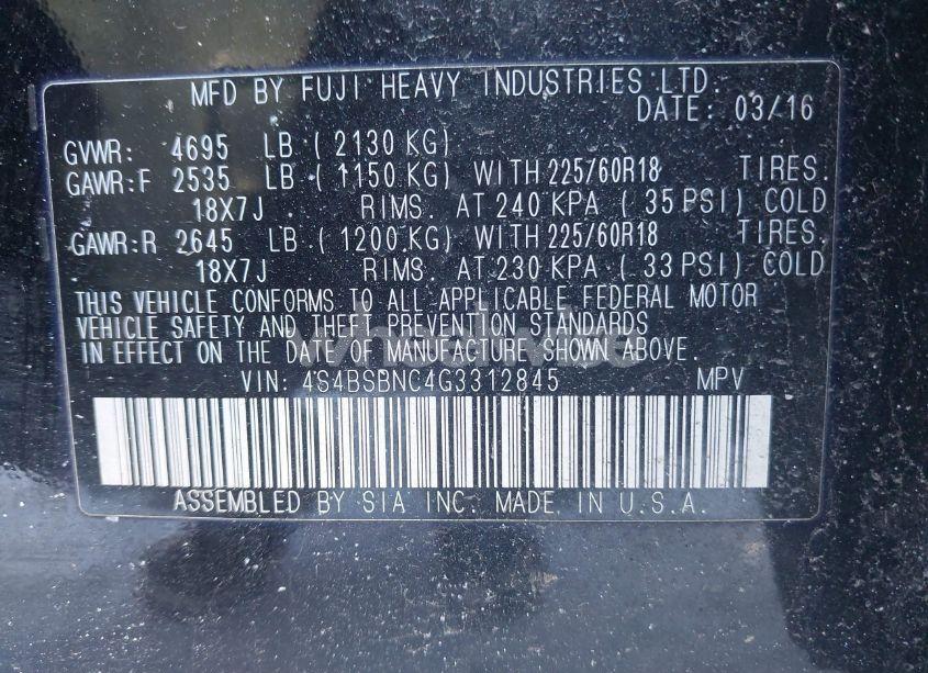 Photo 9 of 2016 Subaru Outback 2.5I LIMITED (VIN 4S4BSBNC4G3312845)