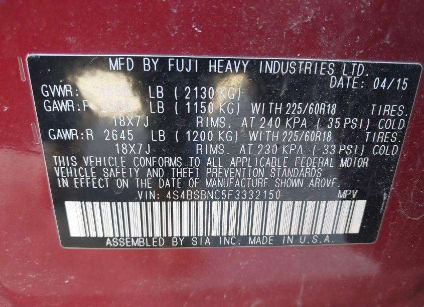 Photo 9 of 2015 Subaru Outback 2.5I LIMITED (VIN 4S4BSBNC5F3332150)