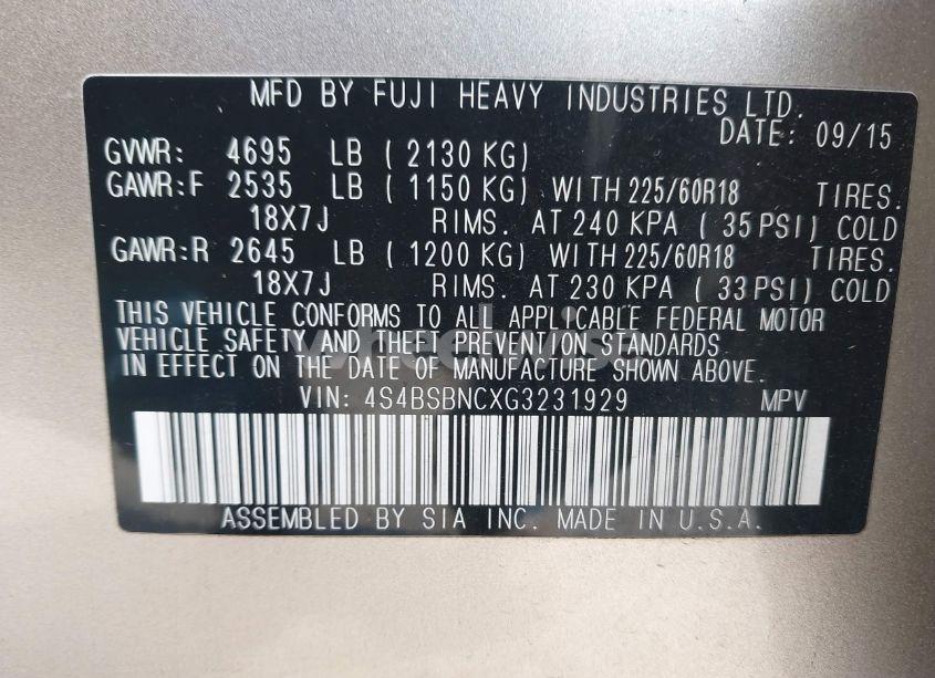 Photo 9 of 2016 Subaru Outback 2.5I LIMITED (VIN 4S4BSBNCXG3231929)