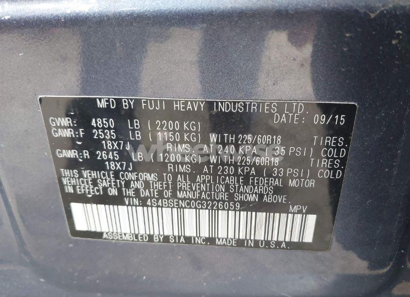 Photo 9 of 2016 Subaru Outback 3.6R LIMITED (VIN 4S4BSENC0G3226059)