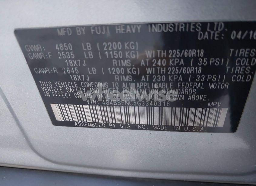 Photo 9 of 2016 Subaru Outback 3.6R LIMITED (VIN 4S4BSENC5G3340316)