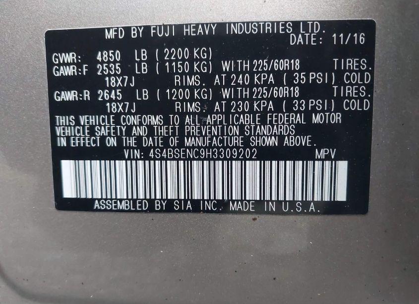 Photo 9 of 2017 Subaru Outback 3.6R LIMITED (VIN 4S4BSENC9H3309202)