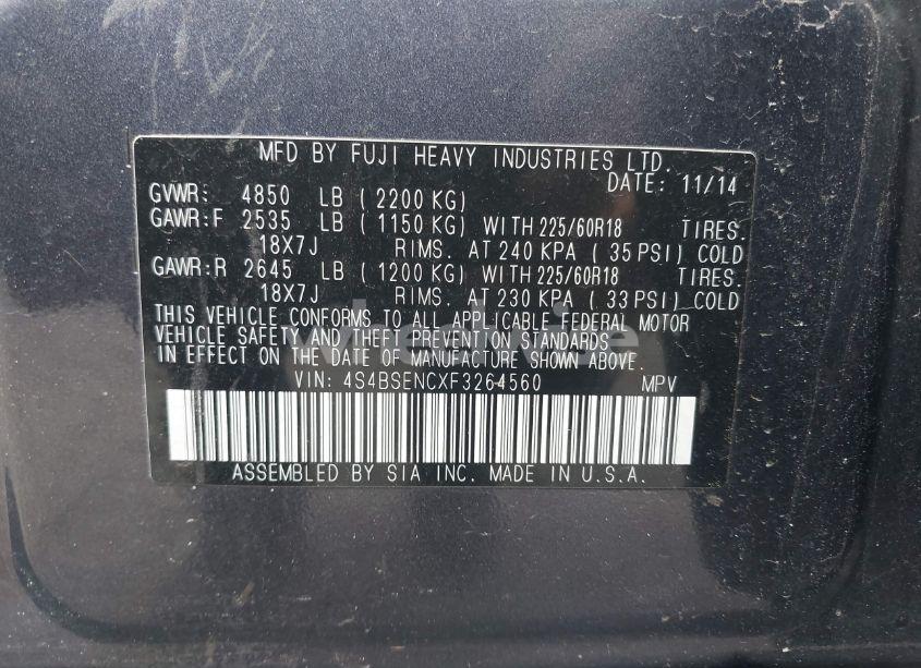 Photo 9 of 2015 Subaru Outback 3.6R LIMITED (VIN 4S4BSENCXF3264560)