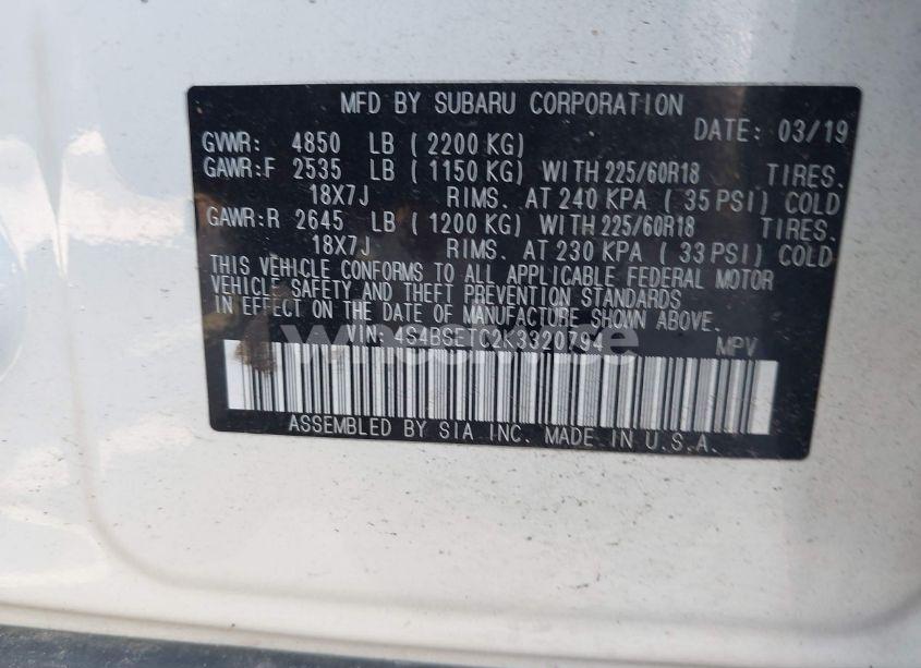 Photo 9 of 2019 Subaru Outback 3.6R TOURING (VIN 4S4BSETC2K3320794)