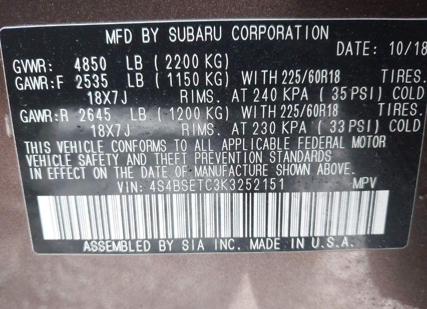 Photo 9 of 2019 Subaru Outback 3.6R TOURING (VIN 4S4BSETC3K3252151)