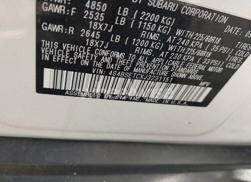 Photo 9 of 2018 Subaru Outback 3.6R TOURING (VIN 4S4BSETCXJ3231151)