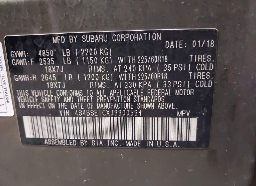 Photo 9 of 2018 Subaru Outback 3.6R TOURING (VIN 4S4BSETCXJ3300534)