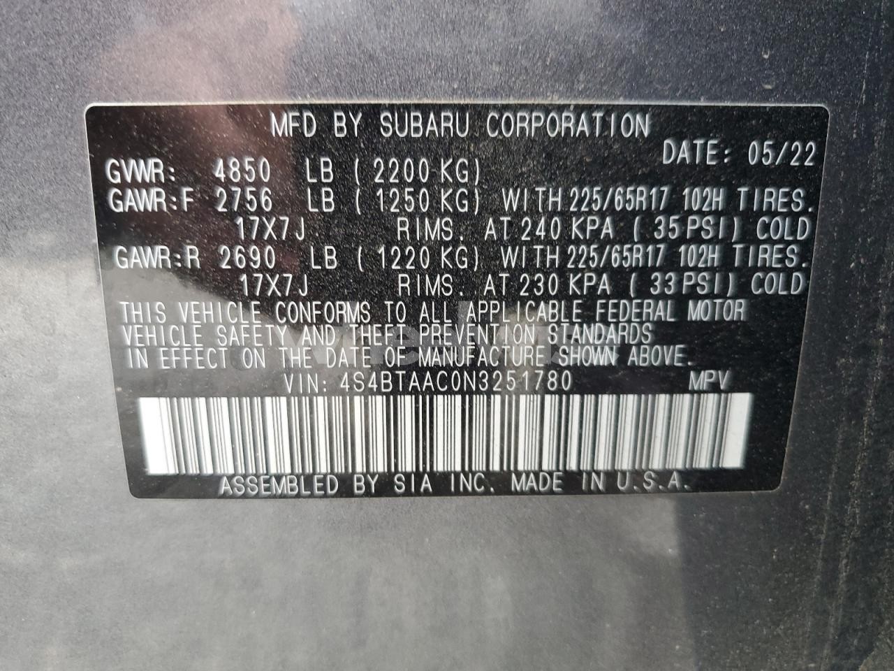 Photo 12 of 2022 SUBARU OUTBACK (VIN 4S4BTAAC0N3251780)