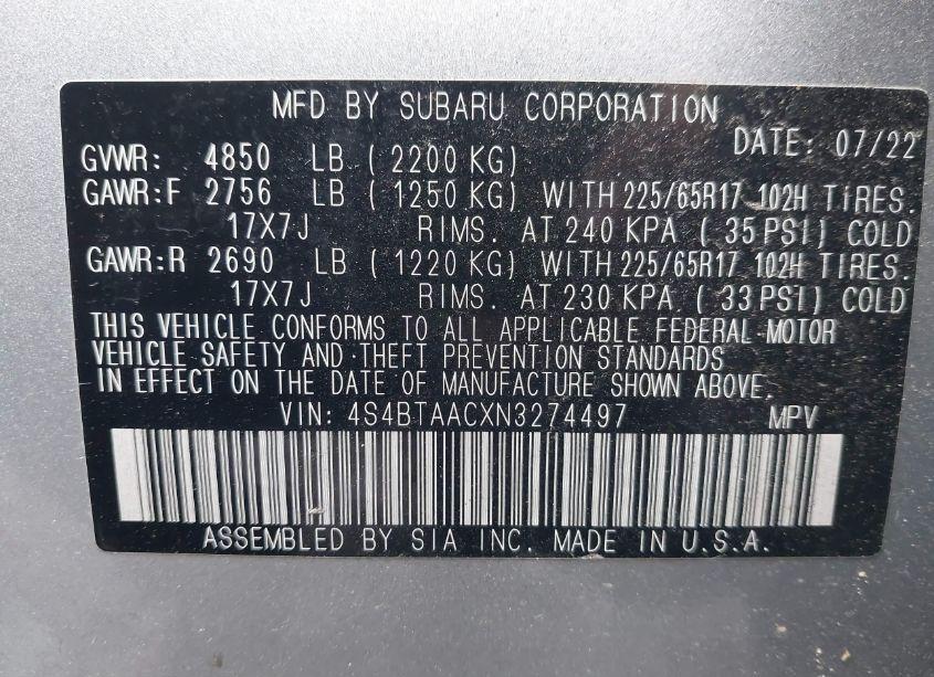 Photo 9 of 2022 Subaru Outback (VIN 4S4BTAACXN3274497)