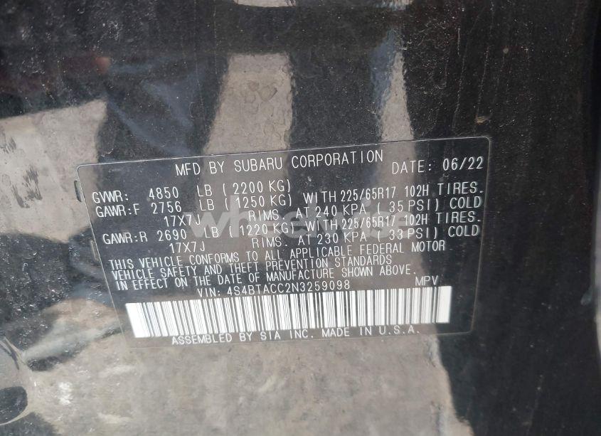 Photo 9 of 2022 Subaru Outback PREMIUM (VIN 4S4BTACC2N3259098)
