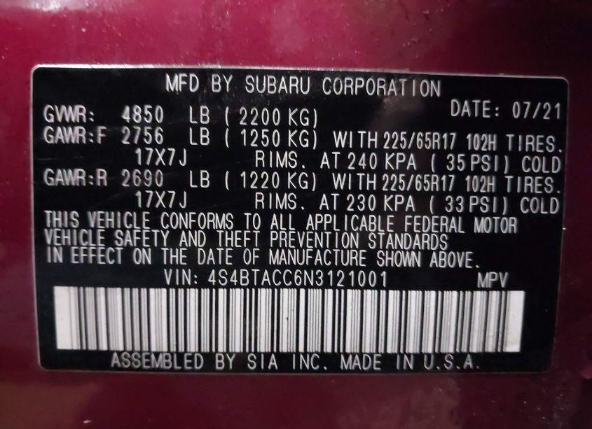 Photo 9 of 2022 Subaru Outback PREMIUM (VIN 4S4BTACC6N3121001)