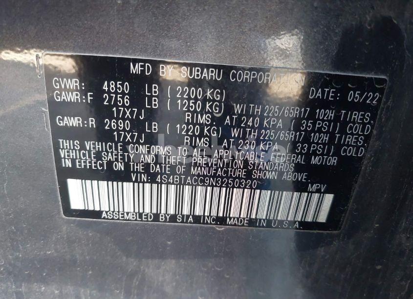 Photo 9 of 2022 Subaru Outback PREMIUM (VIN 4S4BTACC9N3250320)