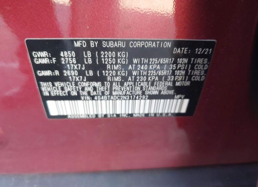 Photo 9 of 2022 Subaru Outback PREMIUM (VIN 4S4BTADC2N3174292)