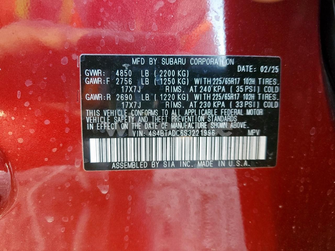 Photo 13 of 2025 SUBARU OUTBACK PREMIUM (VIN 4S4BTADC6S3221996)