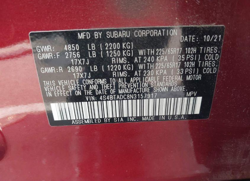 Photo 9 of 2022 Subaru Outback PREMIUM (VIN 4S4BTADC8N3157917)