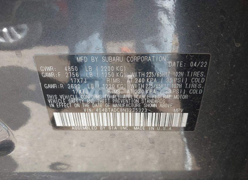 Photo 9 of 2022 Subaru Outback PREMIUM (VIN 4S4BTADC8N3235323)