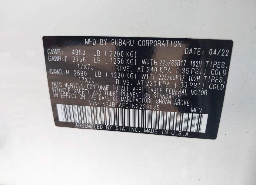 Photo 9 of 2022 Subaru Outback PREMIUM (VIN 4S4BTAFC1N3229635)