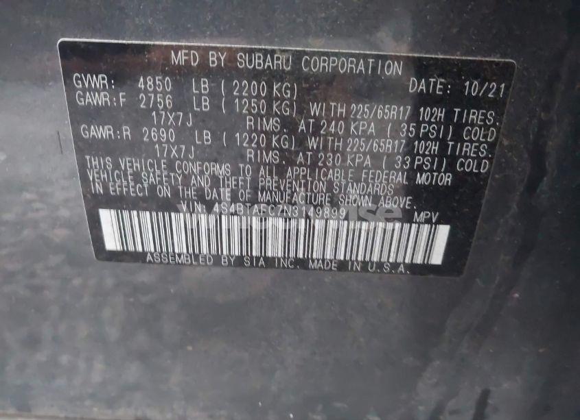 Photo 9 of 2022 Subaru Outback PREMIUM (VIN 4S4BTAFC7N3149899)