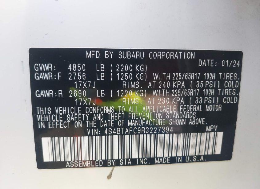 Photo 9 of 2024 Subaru Outback PREMIUM (VIN 4S4BTAFC9R3227394)