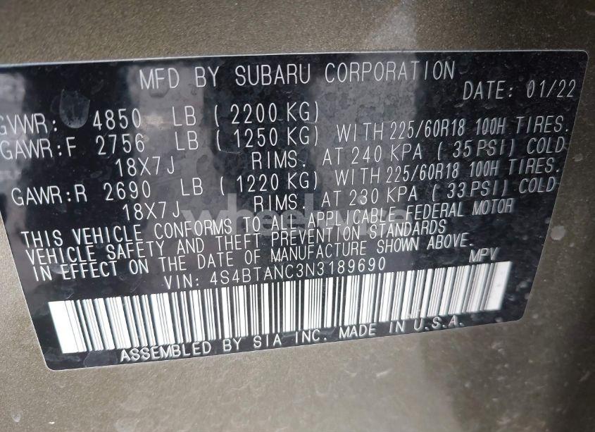 Photo 9 of 2022 Subaru Outback LIMITED (VIN 4S4BTANC3N3189690)