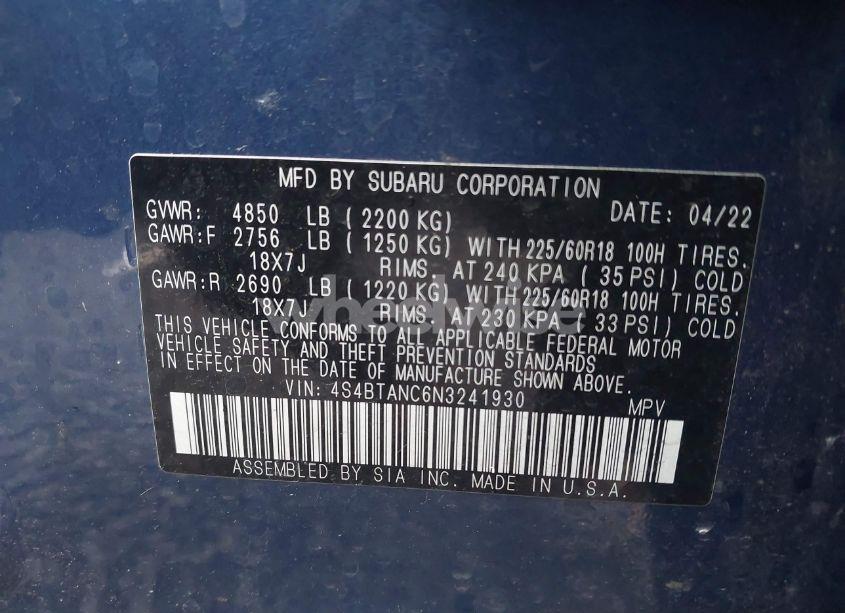 Photo 9 of 2022 Subaru Outback LIMITED (VIN 4S4BTANC6N3241930)