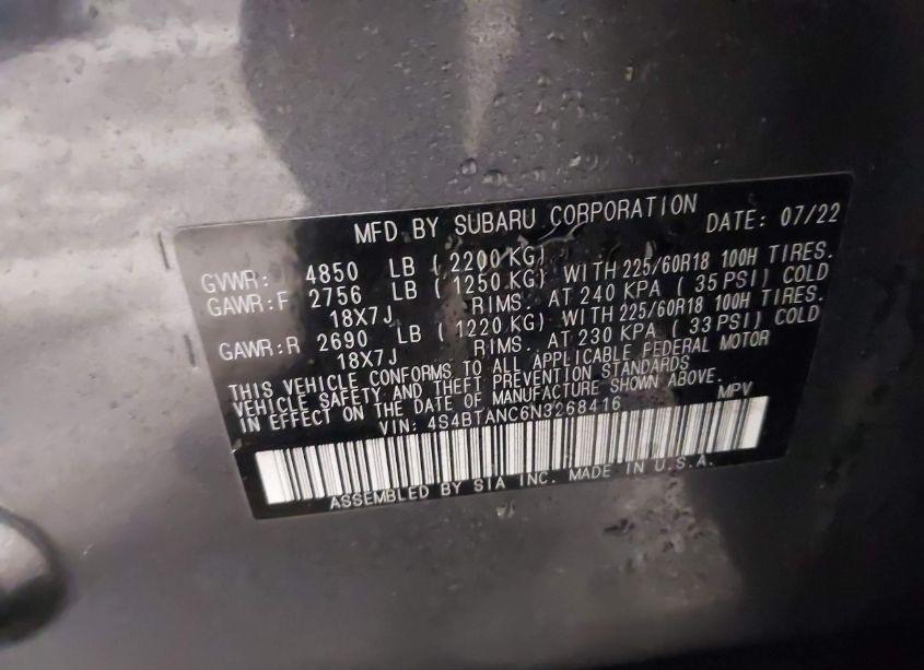 Photo 9 of 2022 Subaru Outback LIMITED (VIN 4S4BTANC6N3268416)