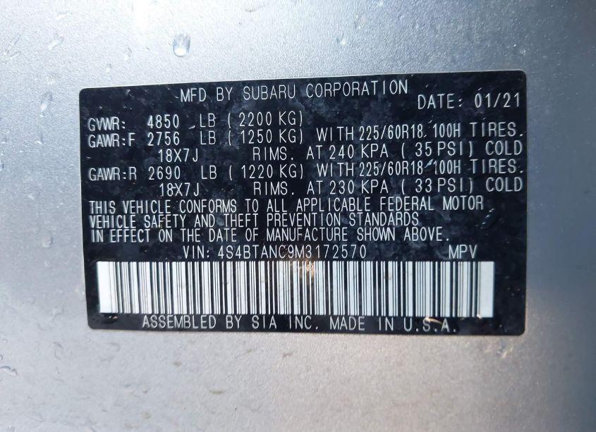 Photo 9 of 2021 Subaru Outback LIMITED (VIN 4S4BTANC9M3172570)