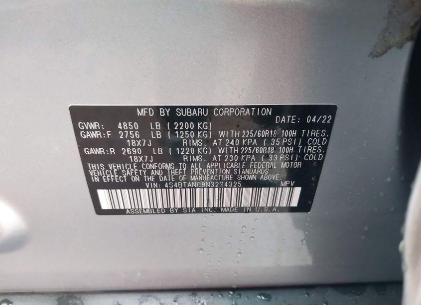 Photo 9 of 2022 Subaru Outback LIMITED (VIN 4S4BTANC9N3234325)