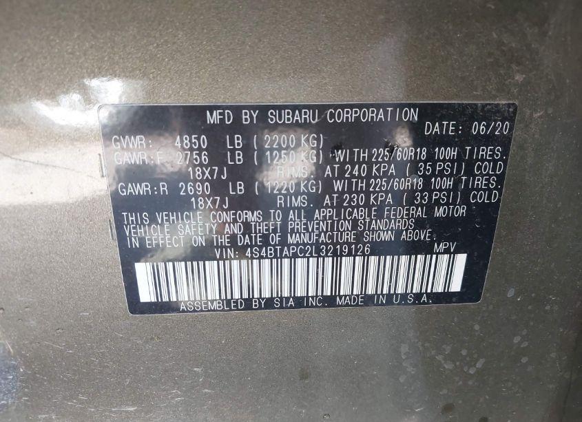 Photo 9 of 2020 Subaru Outback TOURING (VIN 4S4BTAPC2L3219126)