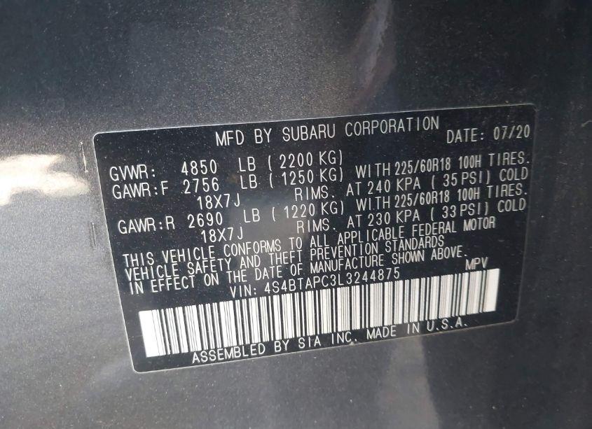 Photo 9 of 2020 Subaru Outback TOURING (VIN 4S4BTAPC3L3244875)