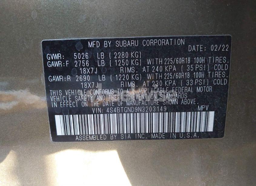 Photo 9 of 2022 Subaru Outback LIMITED XT (VIN 4S4BTGND9N3203149)